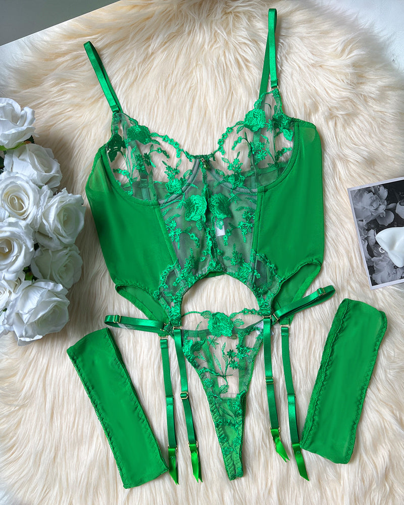 Sexy Mesh Flower Embroidered See-through Suit