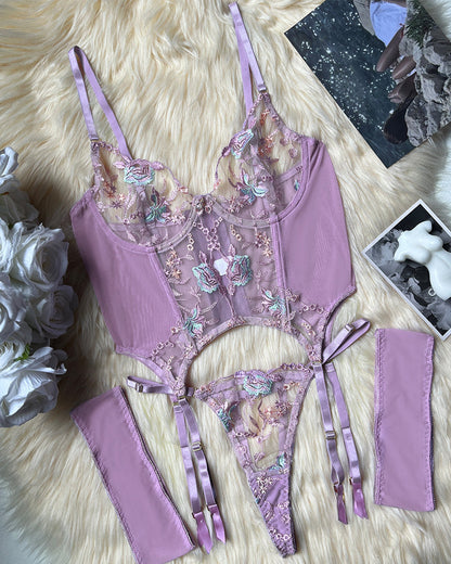 Sexy Mesh Flower Embroidered See-through Suit