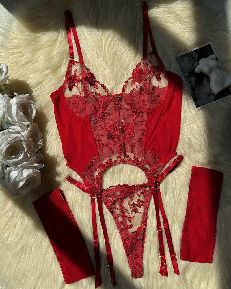 Sexy Mesh Flower Embroidered See-through Suit