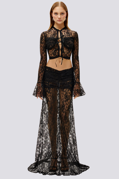 Calixte Long Sleeve Lace Ruched Skirt Set In Black