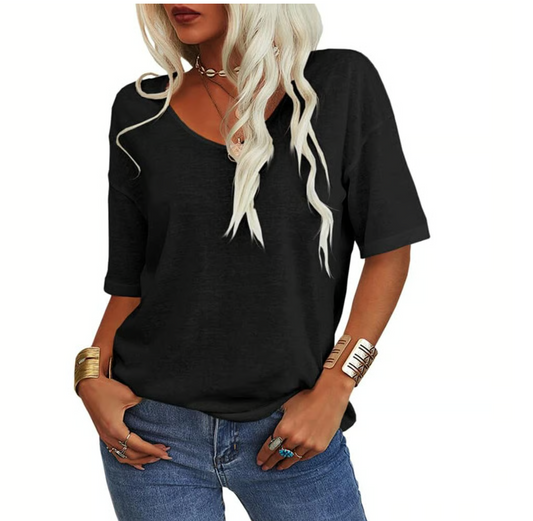 🔥🎁Unifarbenes Damen-T-Shirt mit V-Ausschnitt