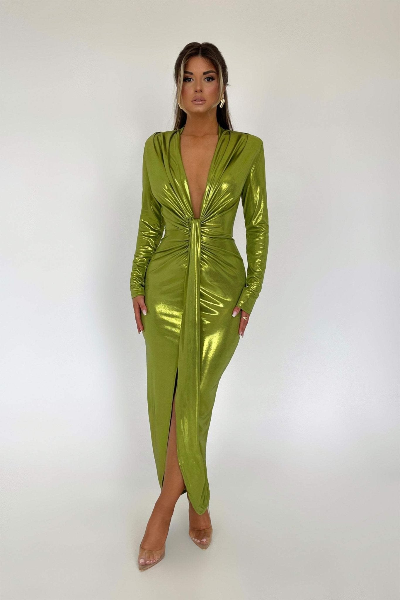 Ailiyah Metallic V-neck Slit Midi Dress