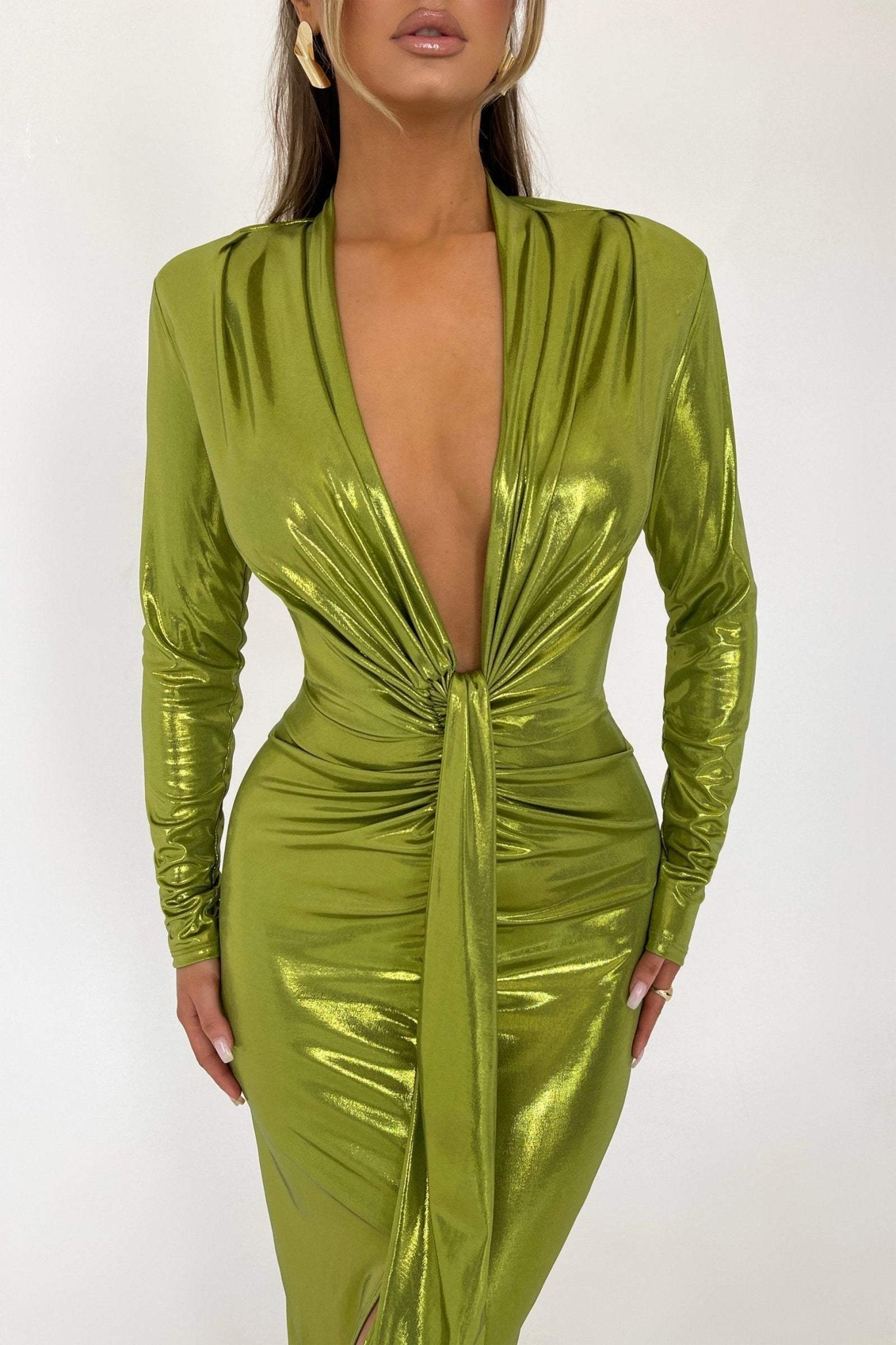 Ailiyah Metallic V-neck Slit Midi Dress