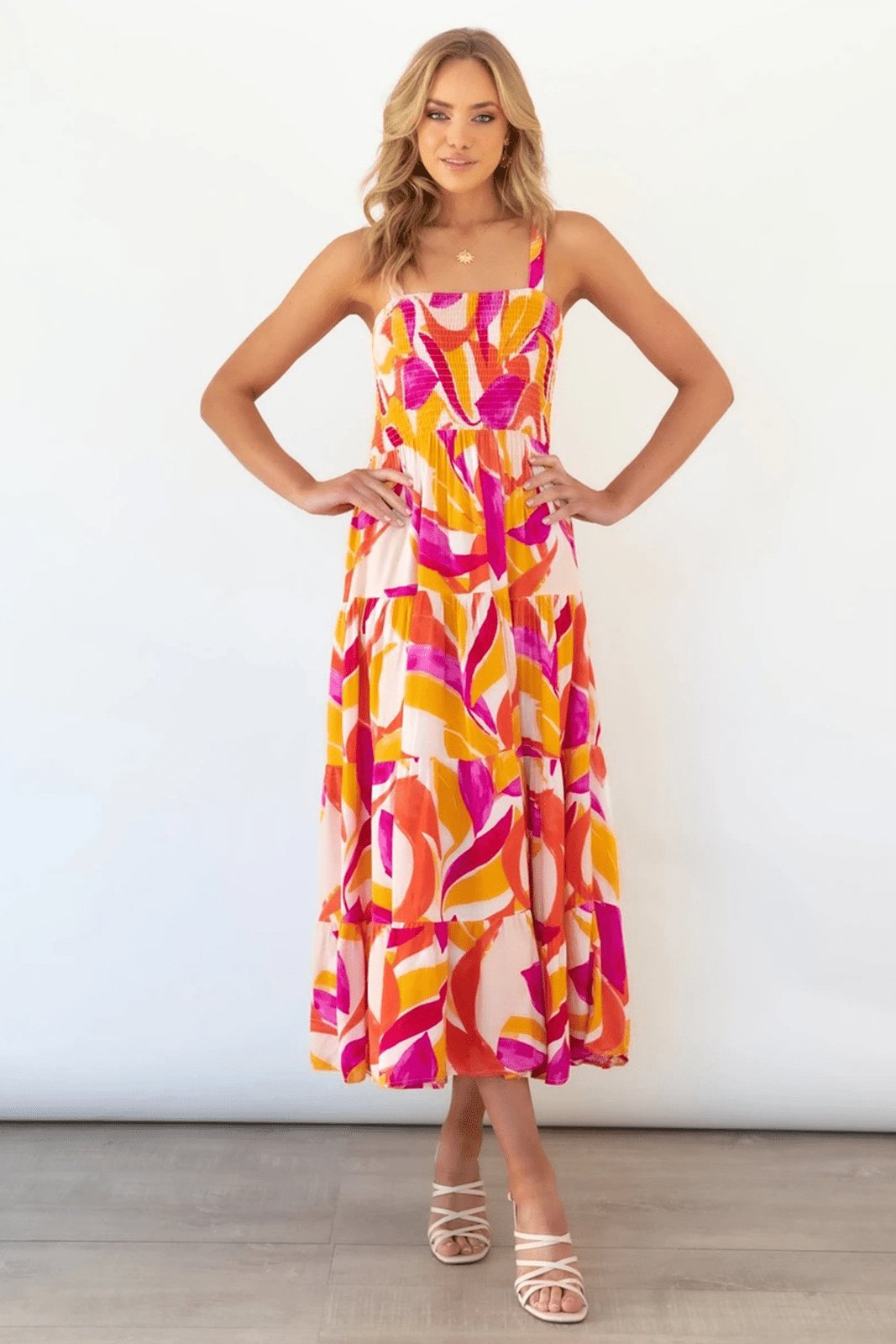 Andrea Printed Shirred Bodice Tiered Maxi Sundress